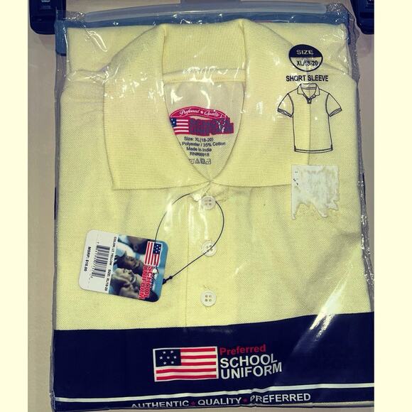 School Uniform Boys Yellow Polo Shirt XL 18-20 Short Sleeve Cotton Blend - Picture 1 of 4